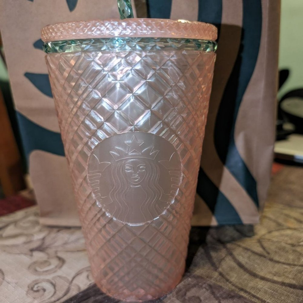 New Starbucks 2023 Pink Pearl Jeweled Grande 16 oz Tumbler with Straw